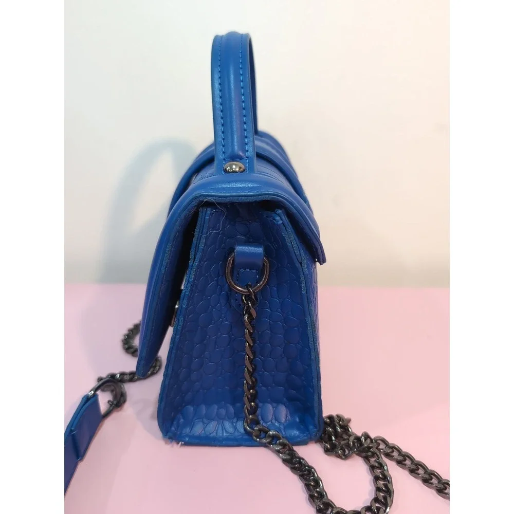 Royal Blue Embossed Small Crossbody Bag w/Chain Strap Top Handle Coquette Y2K